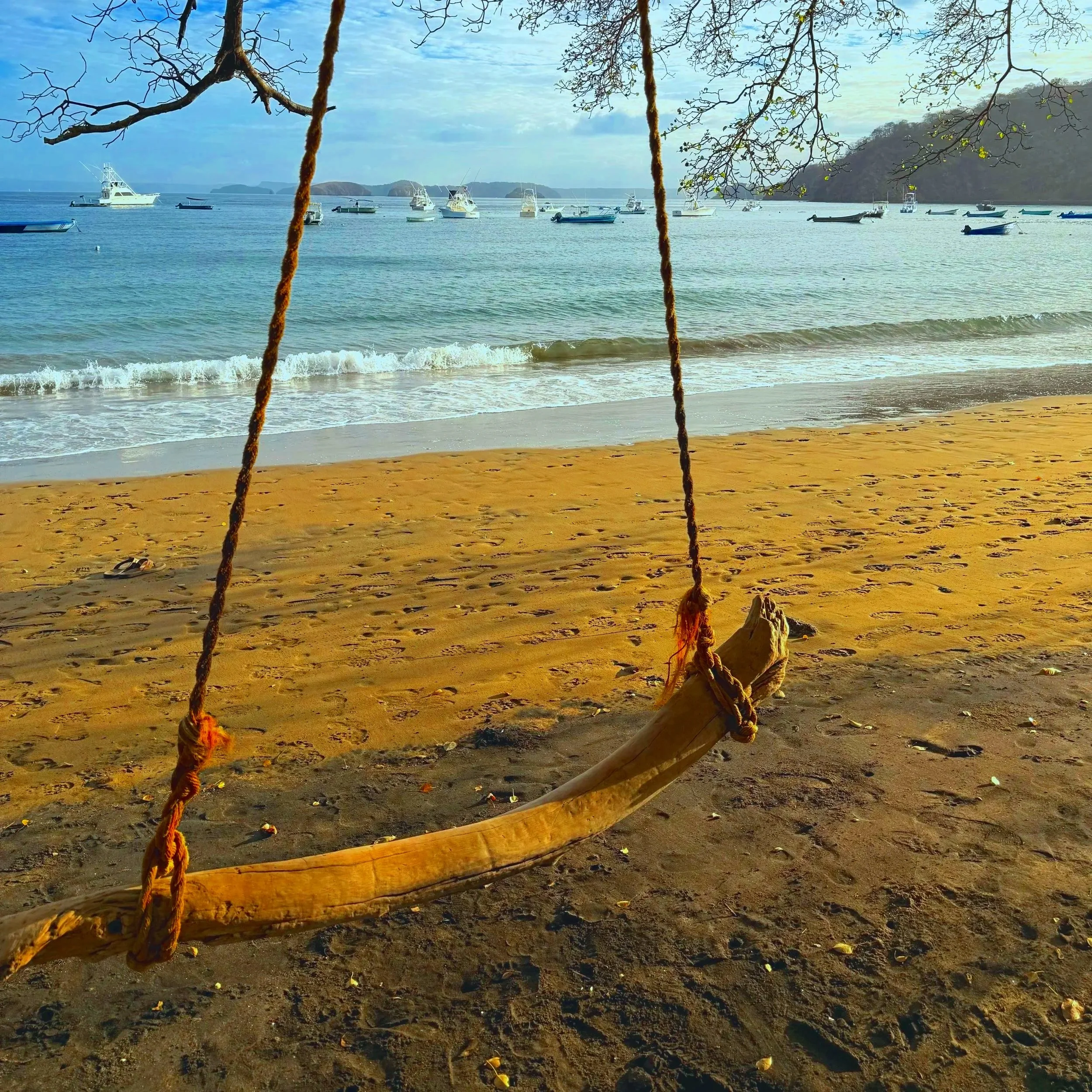 A beach with a swing hanging from tree branches. The sand is in the foreground, and the ocean with boats is in the background under a partly cloudy sky.