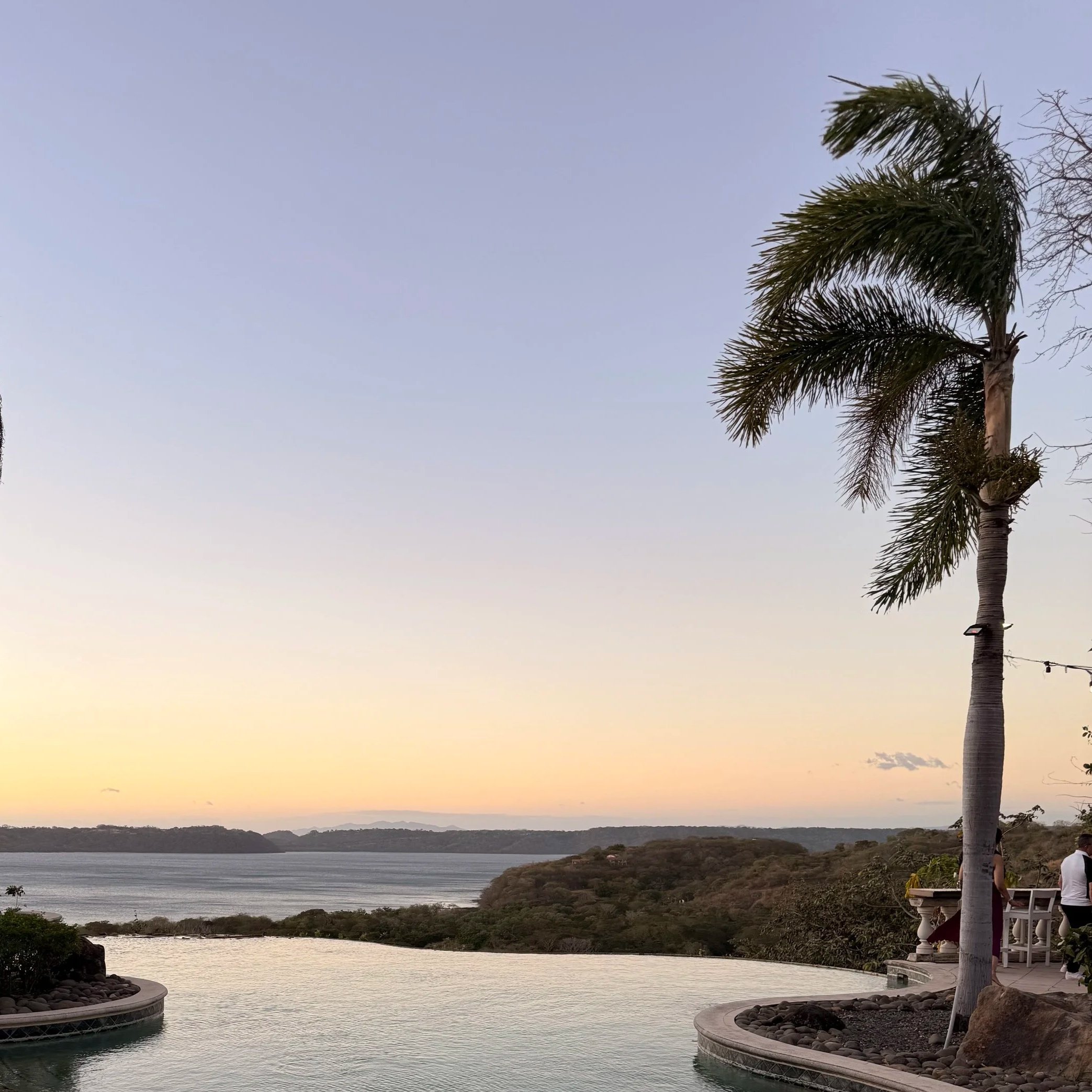A view of a waterfront landscape during sunset with a tall palm tree on the right side, a few people near the water, and a distant shoreline with hills in the background.