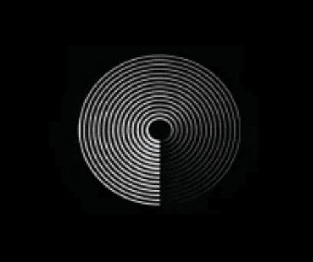 Circular radar-like design with white concentric circles on a black background.