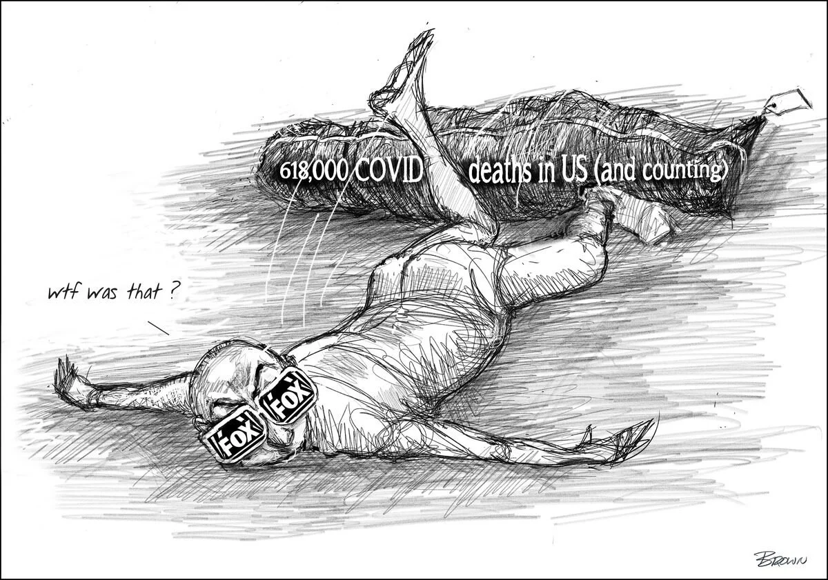 A hand-drawn sketch of a fallen person wearing Fox News sunglasses and a face mask, lying on the ground with their legs stretched out. The person is looking at a large, dead animal labeled "COVID" with 618,000 deaths in the US. The person appears sur