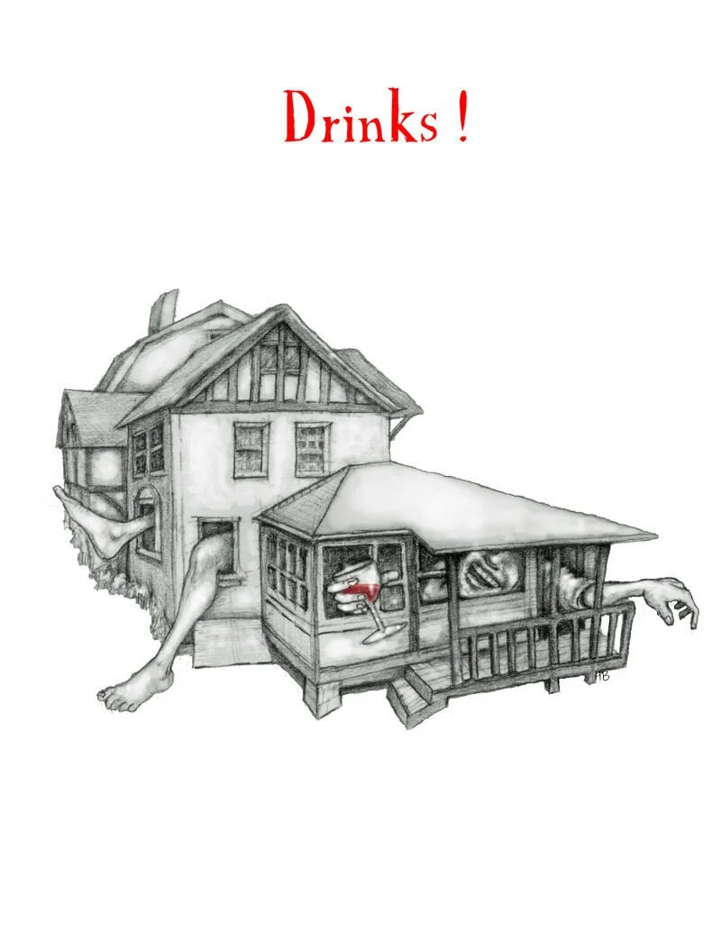 A surreal, black and white house with human arms and legs extending from various parts of the structure, one holding a drink.