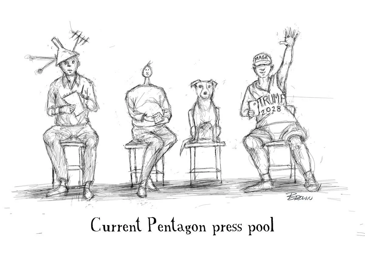 Four individuals sitting on chairs at the Pentagon press pool, including a person with a hat and books, a person with a bun, a dog, and a person in a 'TRUMP 2028' shirt waving.
