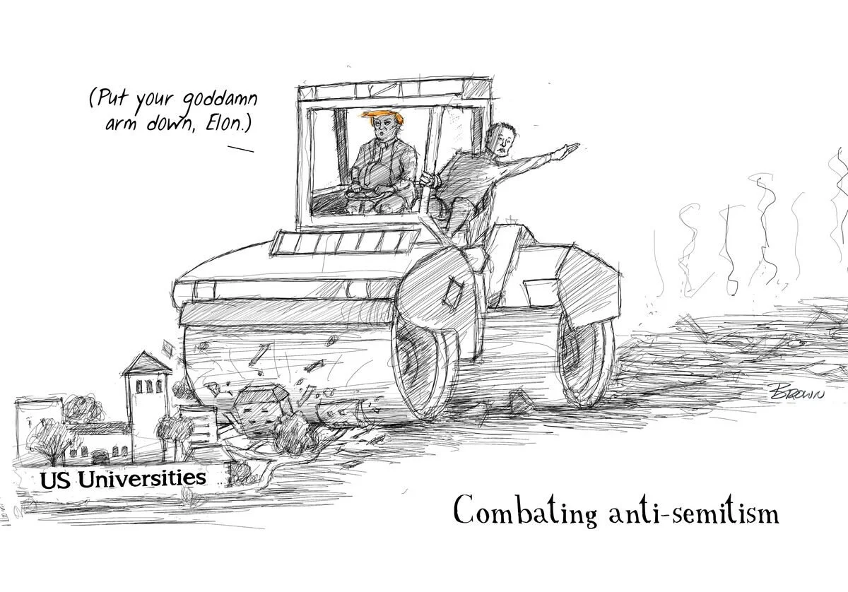 A sketch of a steamroller crushing a building labeled 'US Universities' with smoke and destruction around. A man is being thrown off the steamroller, and another person is sitting inside the steamroller. The caption reads 'Combating anti-semitism,' a