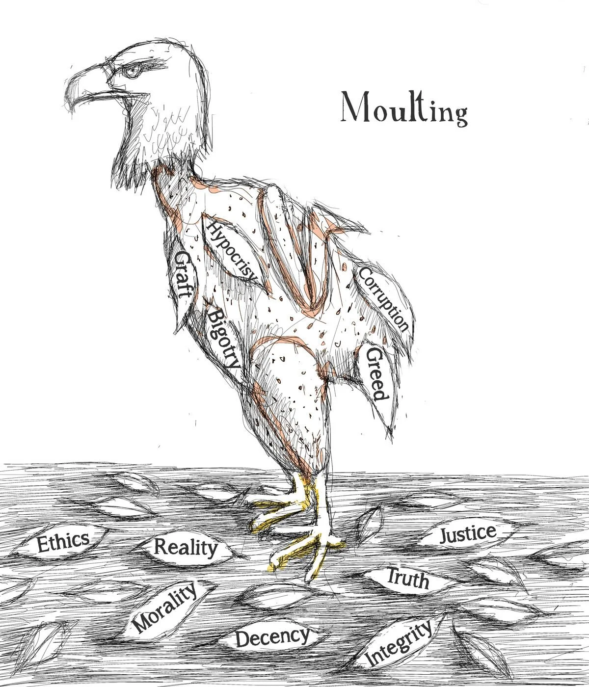A sketch of an eagle with labels on its body such as 'Graft', 'Hypocrisy', 'Corruption', 'Bigotry', and 'Greed'. The ground below the eagle has words like 'Ethics', 'Reality', 'Morality', 'Decency', 'Justice', 'Tru...