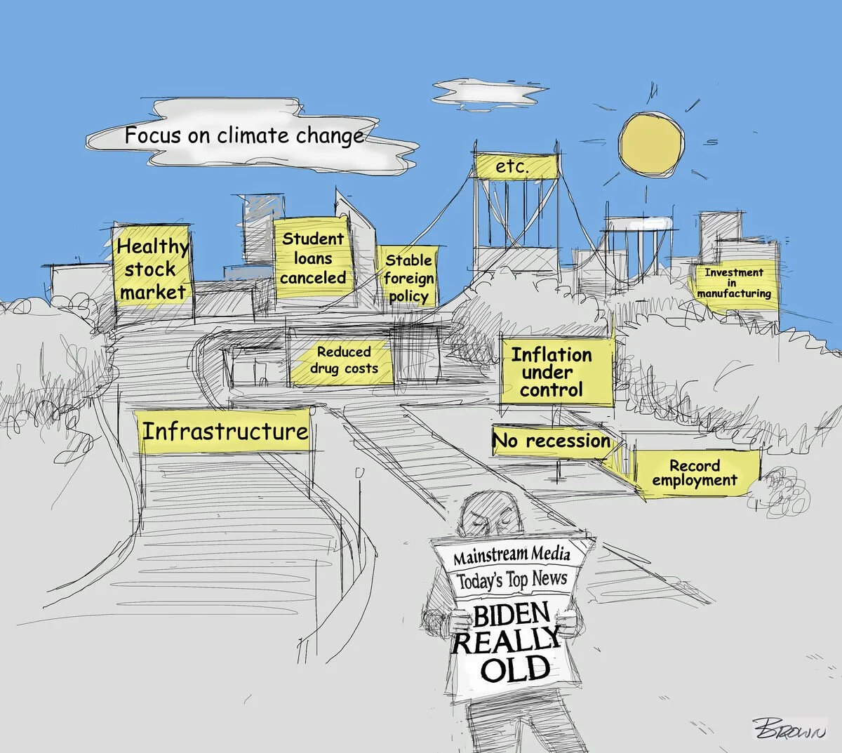 A hand-drawn illustration of a cityscape with various protest signs and the protester holding a sign that reads "Mainstream Media Today's Top News BIDEN REALLY OLD." The city features sky, clouds, a sun, and water towers, with signs promoting focus o