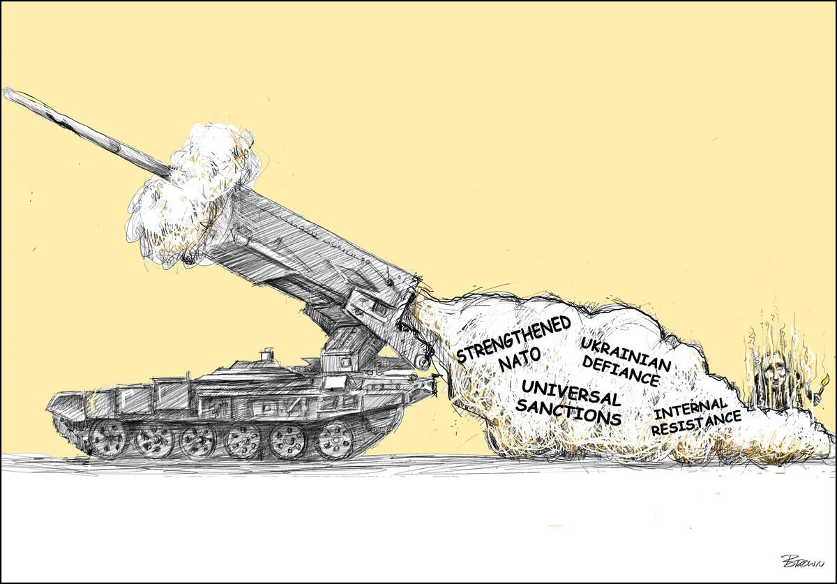 A military tank with its gun barrel ending in a cloud of smoke shaped like words, including 'Strengthened NATO,' 'Ukrainian Defiance,' 'Universal Sanctions,' and 'Internal Resistance.' The background is plain with a light yellow hue.