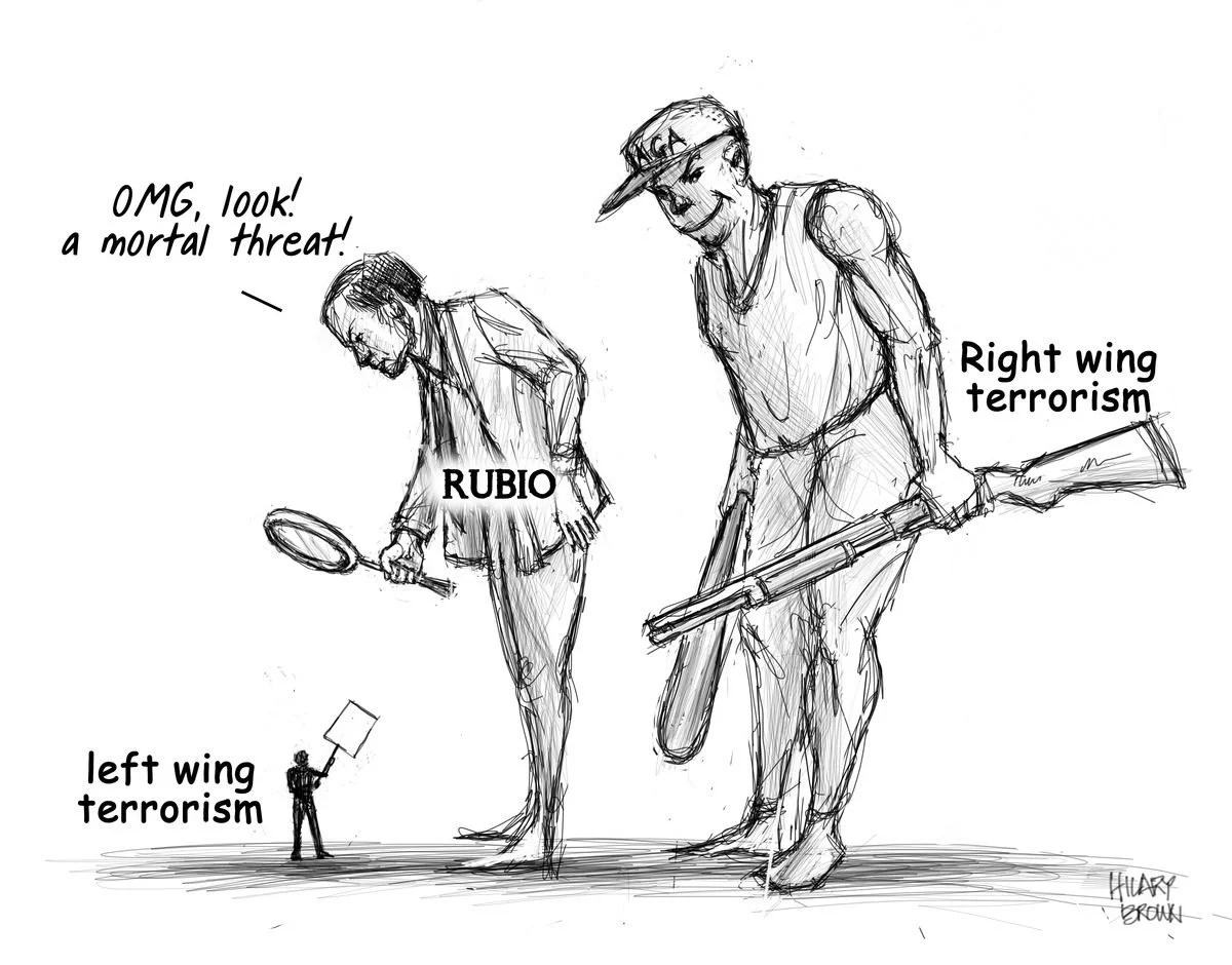 A black and white caricature sketch of two large figures representing political factions, with one labeled 'Rubio'. One figure is criticizing the other, labeled 'Right wing terrorism', with a speech bubble saying 'OMG, look! a mortal threat!'. The ot