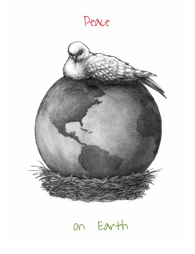 A drawing of a bird sitting on top of the Earth, which is mounted on a nest. The top is labeled 'Pence' in red, and below the Earth, it says 'on Earth' in green.