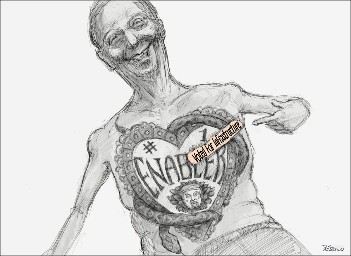 A cartoon-style drawing of a woman with a large, open heart on her chest. Inside the heart, the word '#ENABLED' is written along with a small portrait of a person. The woman is smiling, pointing at her heart with her right hand, and wearing glasses. 
