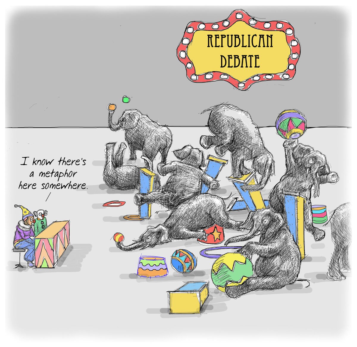 Cartoon of elephants at a political debate with a sign reading 'Republican Debate,' elephants wearing party hats and playing with toys, while two mice with party hats watch from a table, one mouse saying 'I know there's a metaphor here somewhere.'