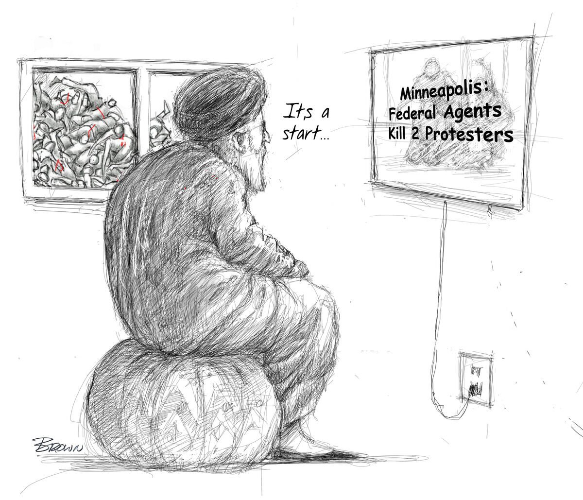A man sitting on a large ball with a smaller ball beneath him, watching television screens. One screen shows a pile of dead animals, and the other shows a news headline about federal agents killing protesters in Minneapolis. The man appears thoughtfu