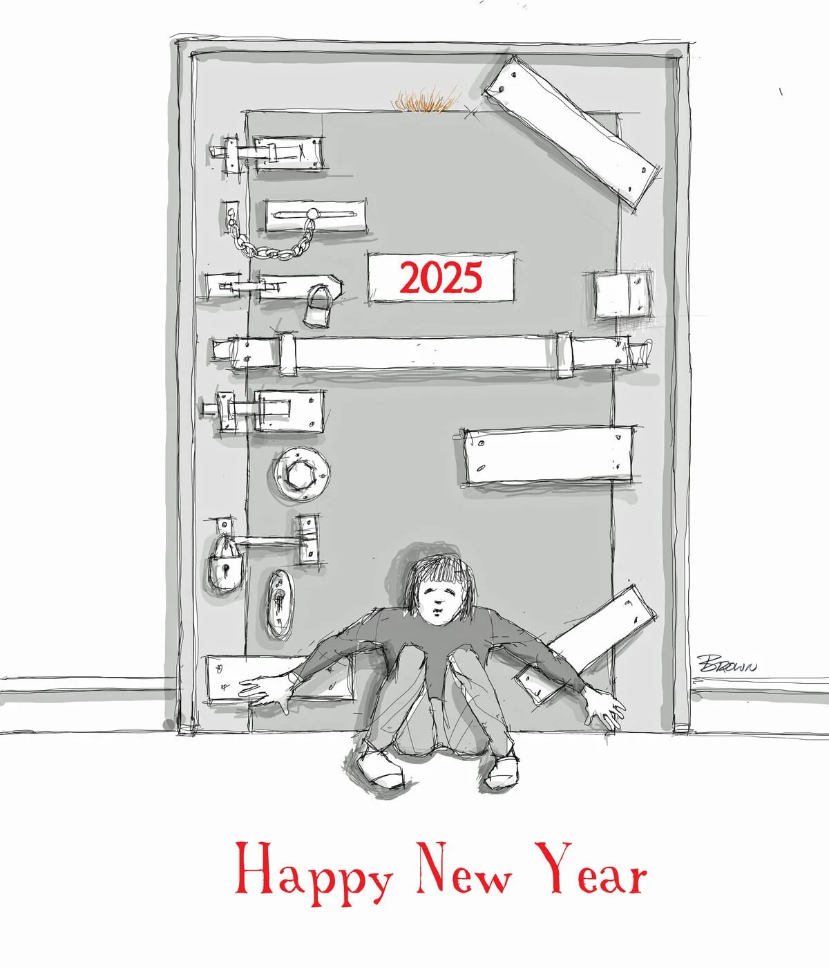 A drawing of a person trapped in a large metal cabinet with the year '2025' on it. The person appears to be struggling or exhausted, with the caption 'Happy New Year' at the bottom.