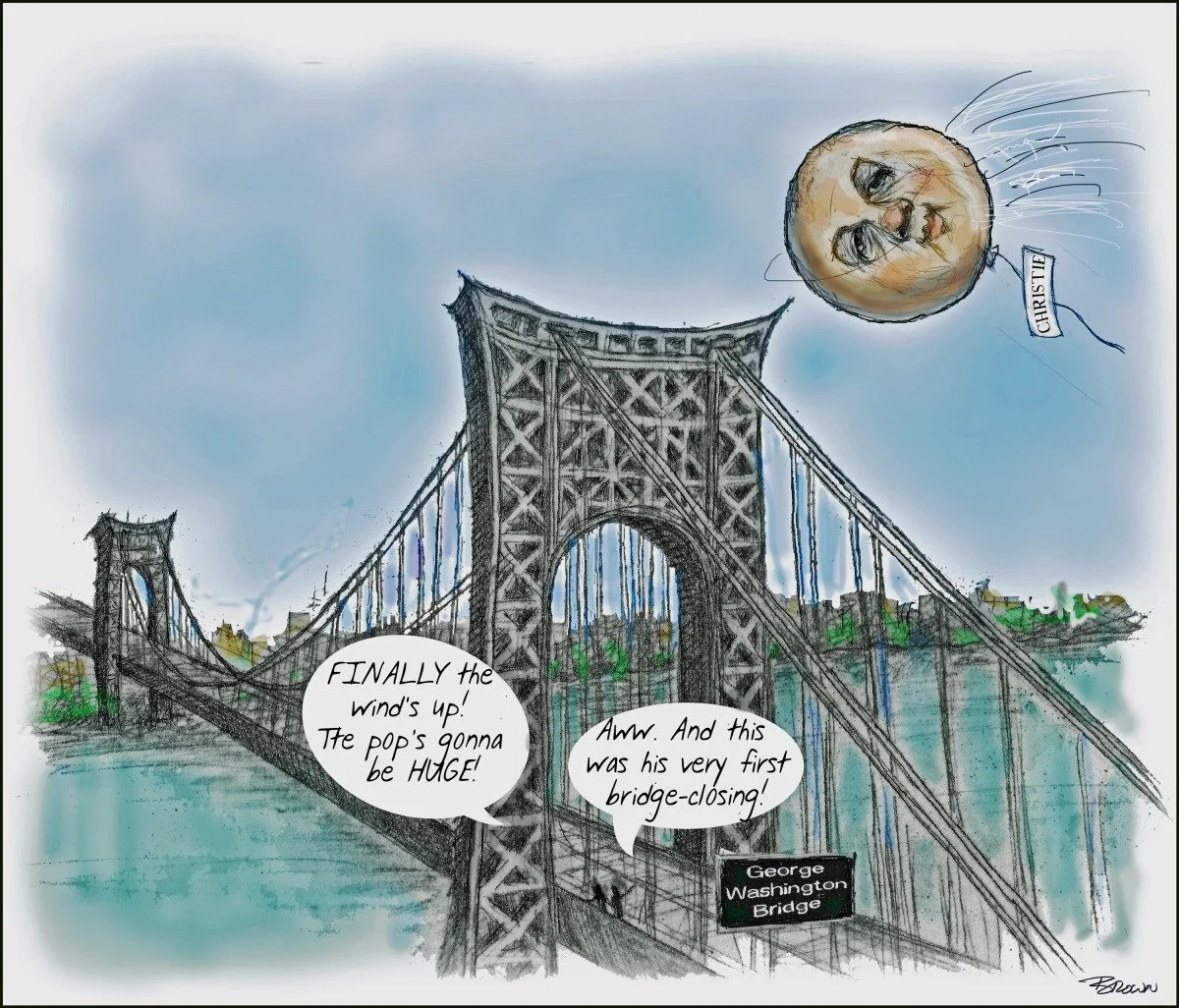 A drawing of the George Washington Bridge with a large floating face of a baby with a name tag labeled 'Christophe' in the top right corner. The bridge features speech bubbles where one says, 'Finally the wind's up! The pop's gonna be HUGE!' and anot