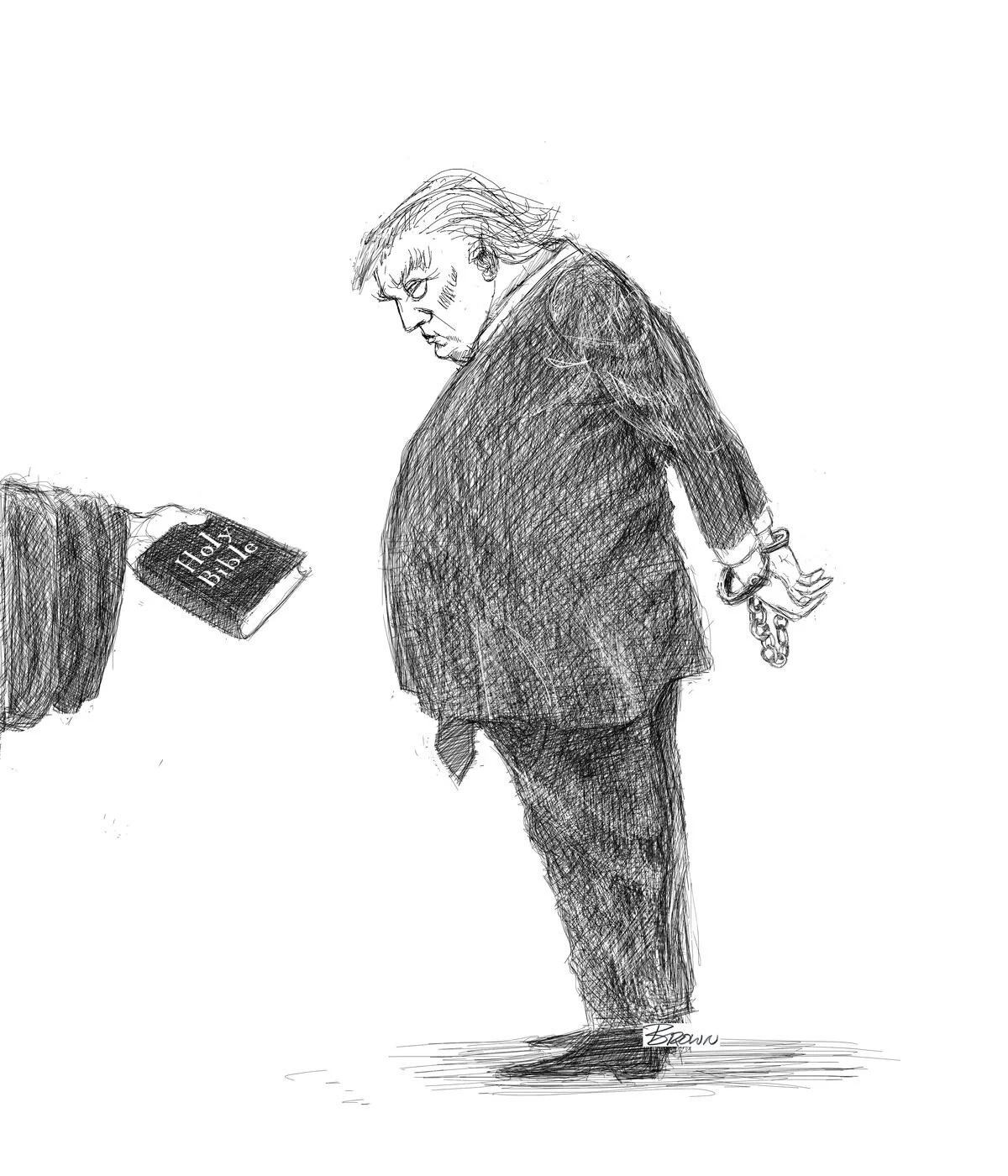 A black and white sketch of a man in a suit with his hands handcuffed behind his back, looking down. An outstretched hand is offering a Holy Bible toward him.