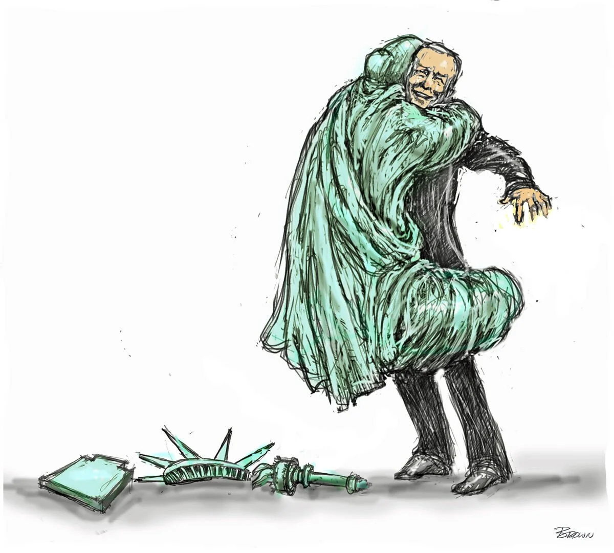 Political cartoon depicting a man in a black suit with long hair and beard, hugging a large green orb representing the Statue of Liberty's torch, with broken torch parts and a fallen ebook on the ground.