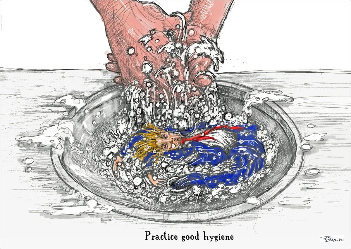 A person washing a doll in a sink with soap and water, with the caption 'Practice good hygiene'.