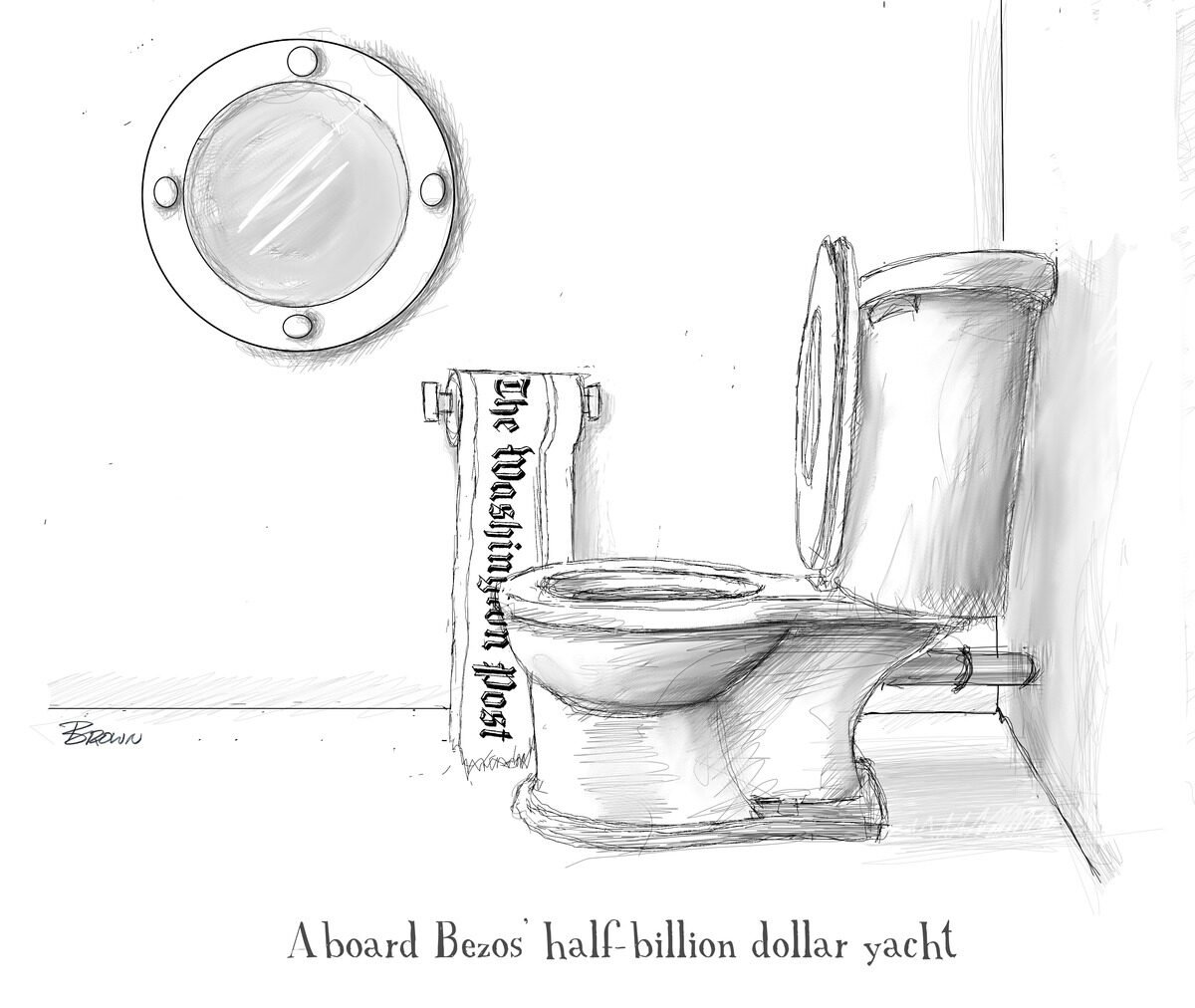 A drawing of a bathroom with a toilet, a mirror on the wall, and a towel hanging on a rack, with the caption 'A board Bezos' half-billion dollar yacht'.