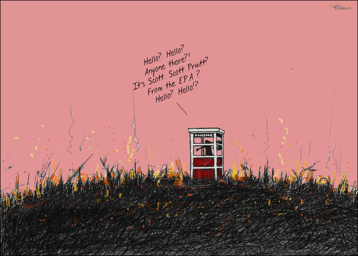 A drawing of a red phone booth in a field of black, orange, and yellow grass with a pink sky background. Smoke or steam rises from the grass. The phone booth has a speech bubble with the text: 'Hello? Hello? Anyone there?! It's Scott. Scott Pruitt? F