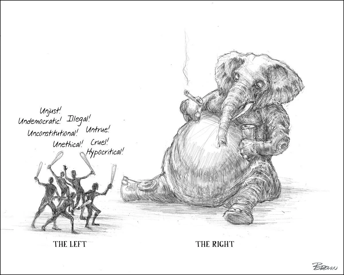 A political cartoon depicting three protesting figures on the left shouting accusations, facing an anthropomorphic elephant on the right, which is sitting and smoking a cigarette, holding a test tube in one hand and a beaker in the other, with labels