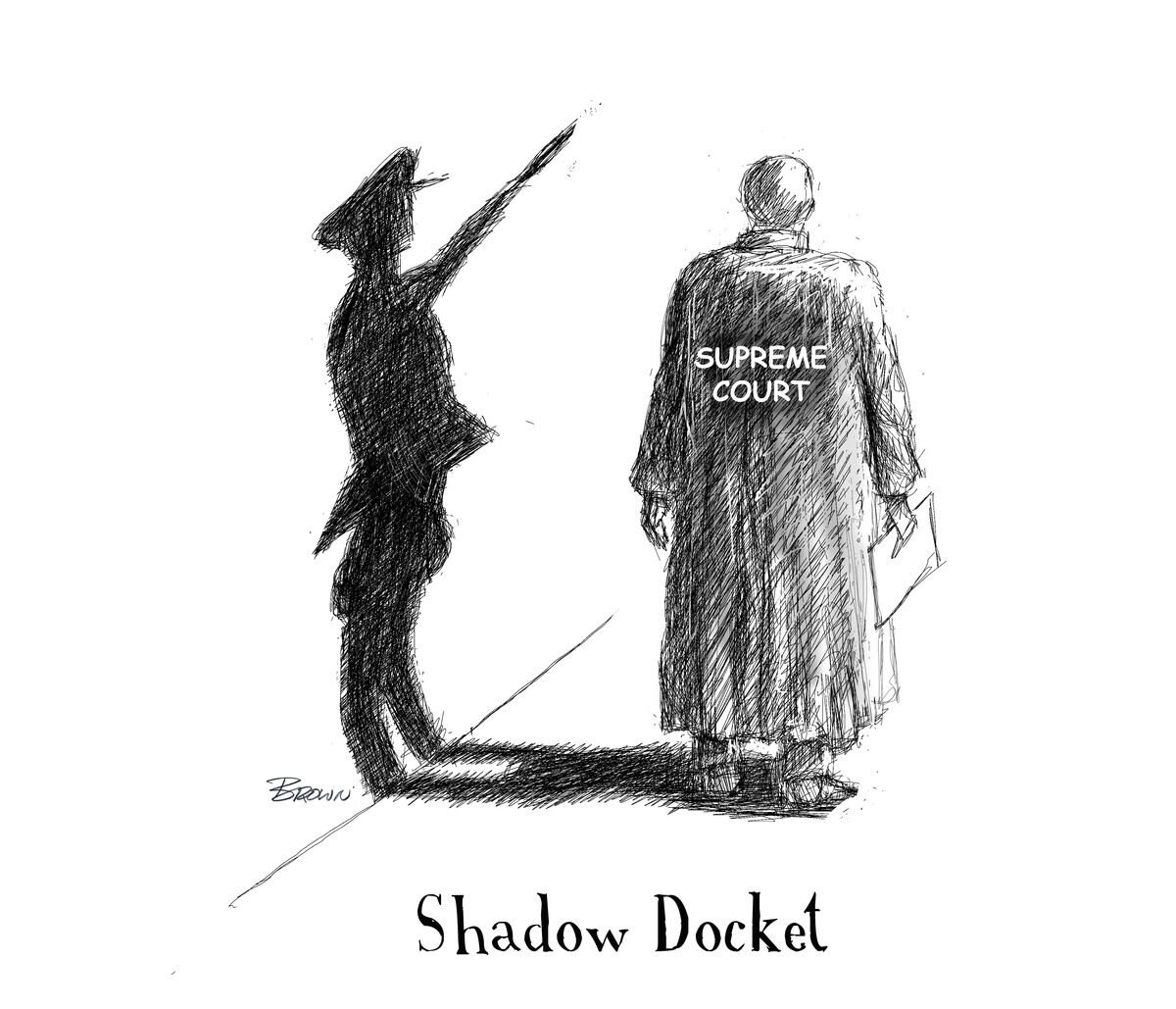 A black and white sketch of a woman in a graduation cap and gown pointing at a man the back labeled 'Supreme Court', with the words 'Shadow Docket' at the bottom.