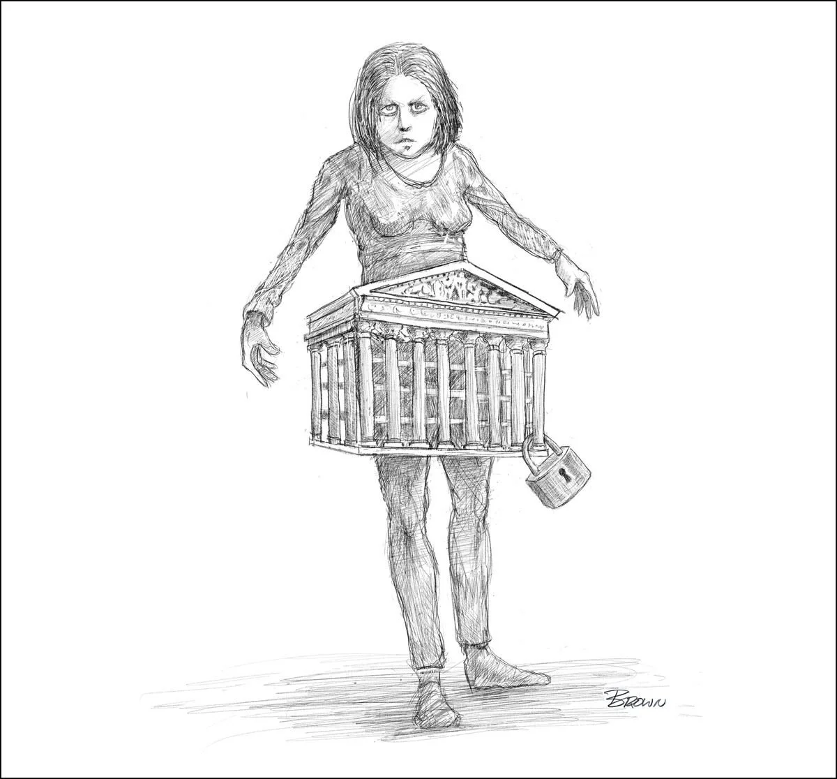 A sketch of a woman with disheveled hair and a distressed expression, dressed in a long-sleeve shirt, with a prison-like building around her waist and a padlock hanging from it.