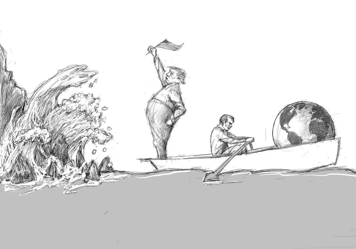 Sketch of a boat with two men, one holding a newspaper, the other sitting, and a large globe on the back of the boat, facing crashing waves.