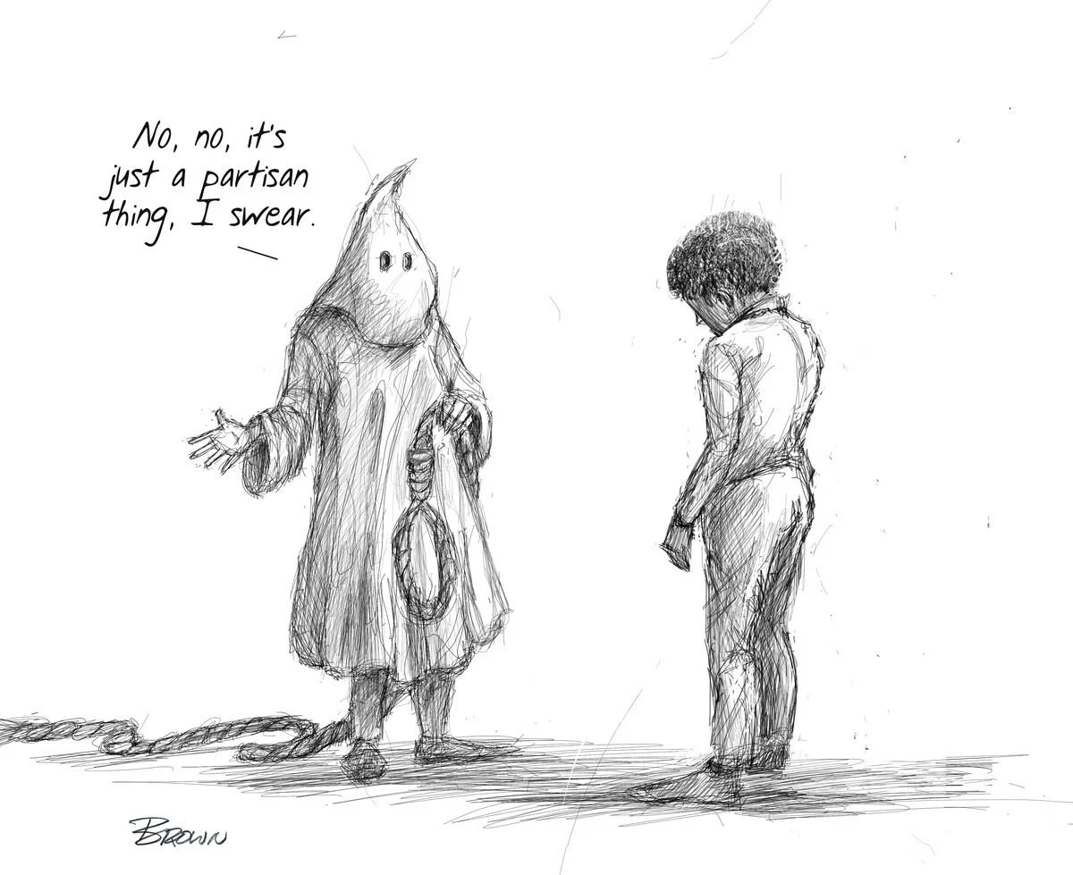 Sketch of a person with curly hair looking down, and a figure in a ghost costume talking to the person, with dialogue 'No, no, it's just a partisan thing, I swear.'