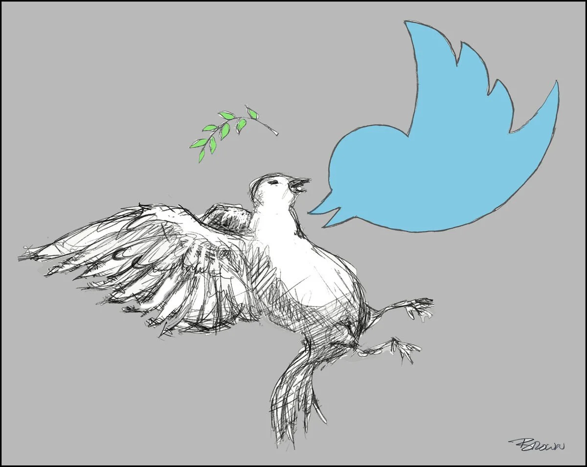 Sketch of a bird with wings spread, holding an olive branch in its beak, with a large blue Twitter logo speech bubble nearby, on a gray background.