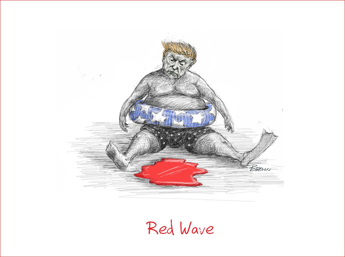 A cartoon drawing of a man resembling former President Donald Trump, sitting on the ground with legs spread apart. He has a distressed facial expression, blond hair, and is wearing star-spangled blue swim trunks. In front of him is a pool of red liqu
