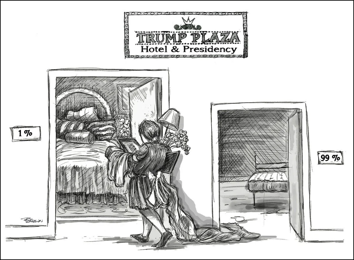 Political cartoon showing a man carrying a large bag of money, standing between two doorways. The left doorway is labeled '1%' and depicts a room full of luxury items. The right doorway is labeled '99%' and depicts a modest bedroom. A sign above read