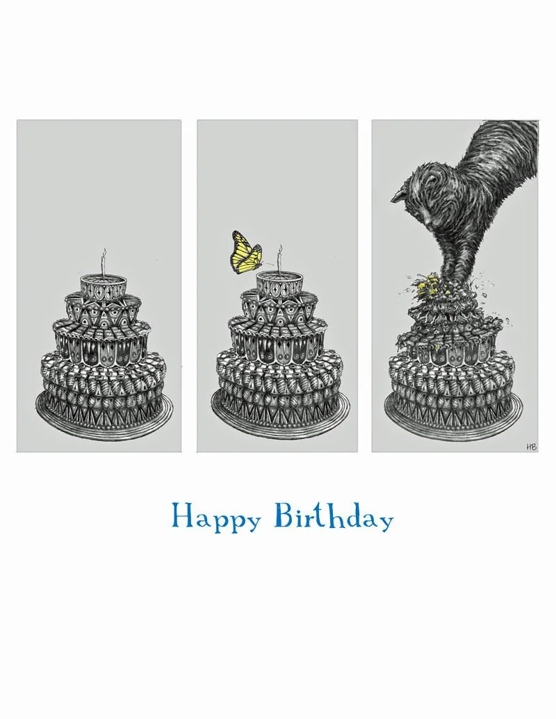 Three-panel birthday card illustration with a tiered cake. The middle panel shows a butterfly near a candle, and the right panel depicts a cat knocking over the cake, with confetti and a yellow object. "Happy Birthday" is written below.