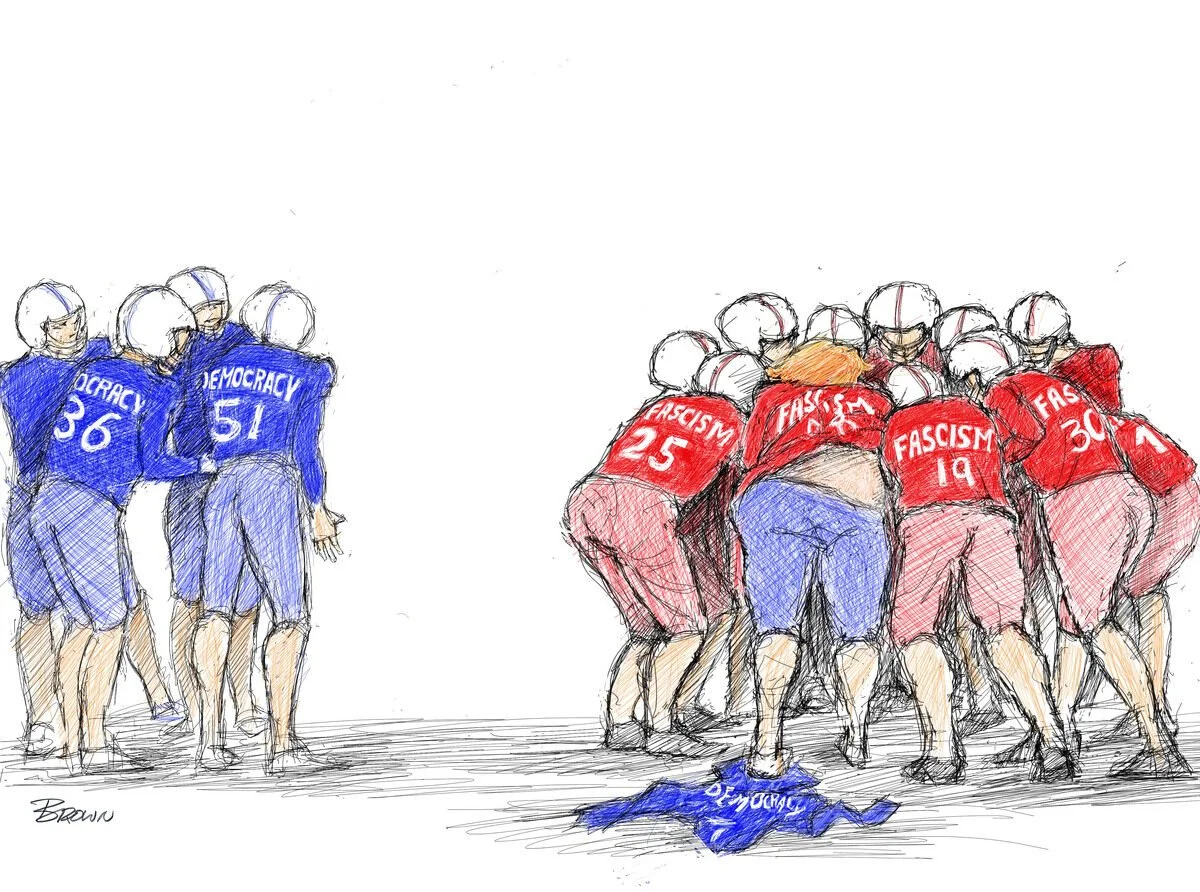 A political cartoon depicting a group of people in blue labeled 'Democracy' on the left, and a group in red labeled 'Fascism' on the right, engaging in a tug of war over a blue object on the ground labeled 'Democracy.'