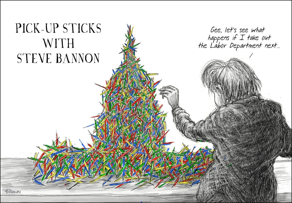 A person with messy hair and a dark jacket is sitting at a table, about to remove a large, colorful, stick-figure Christmas tree made of many small, colorful sticks. There is a speech bubble saying, "Gee, let's see what happens if I take out the Labo