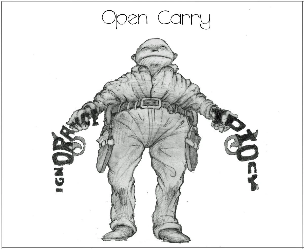 Sketch of a humanoid turtle wearing a jacket and holsters, holding guns in both hands. The words "Open Carry" are written at the top, with the word "GUN" on each gun.