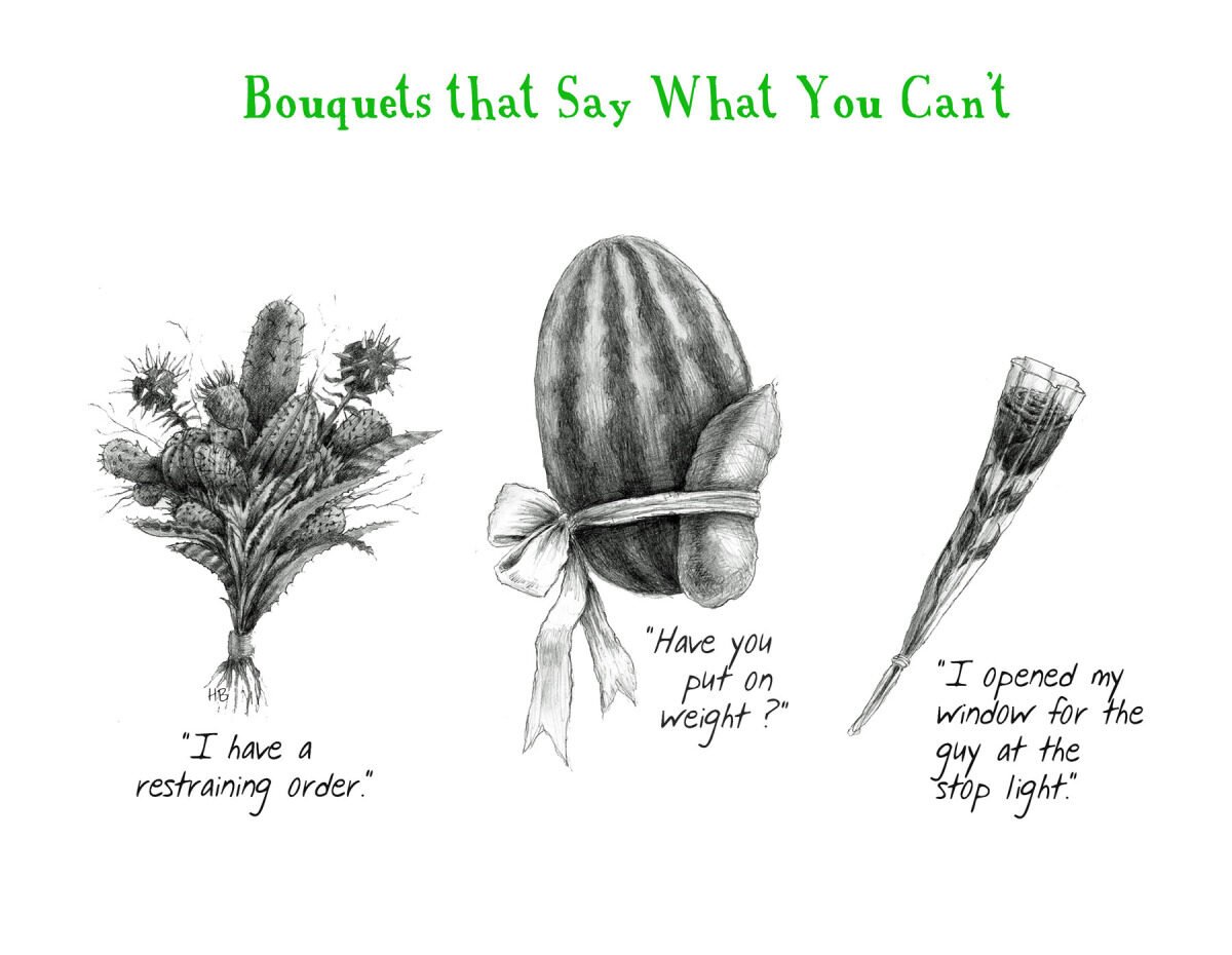Black and white drawing of three bouquets resembling cacti, a watermelon, and a firework, with humorous captions under each: "I have a restraining order," "Have you put on weight?" and "I opened my window for the guy at the stop light."