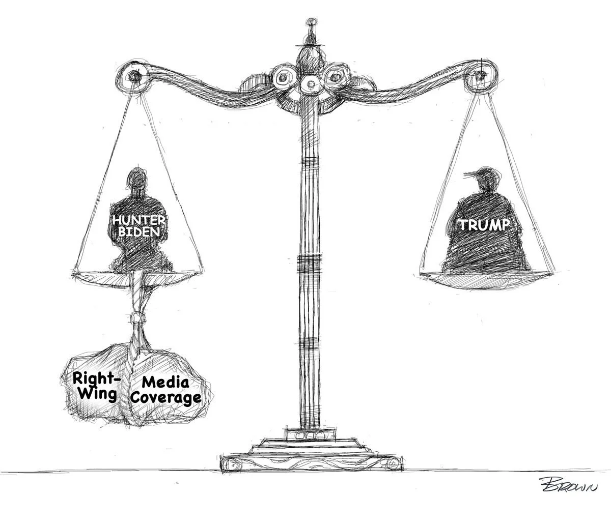 A sketch of a balance scale with two figures sitting on each side. The left figure labeled 'Hunter Biden' is sitting with cross-legged and a person on the right labeled 'Trump' is sitting with legs extended. The left side also has two circles labeled