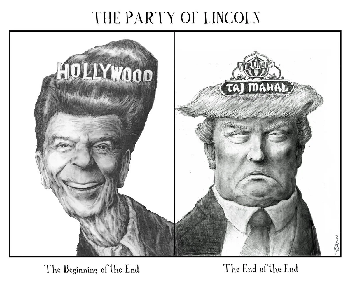 A black-and-white drawing featuring caricatures of Donald Trump and a woman, with joke hats referencing Hollywood and Taj Mahal. The woman represents Ronald Reagan and the man represents Trump, with captions 'The Beginning of the End' under Reagan an