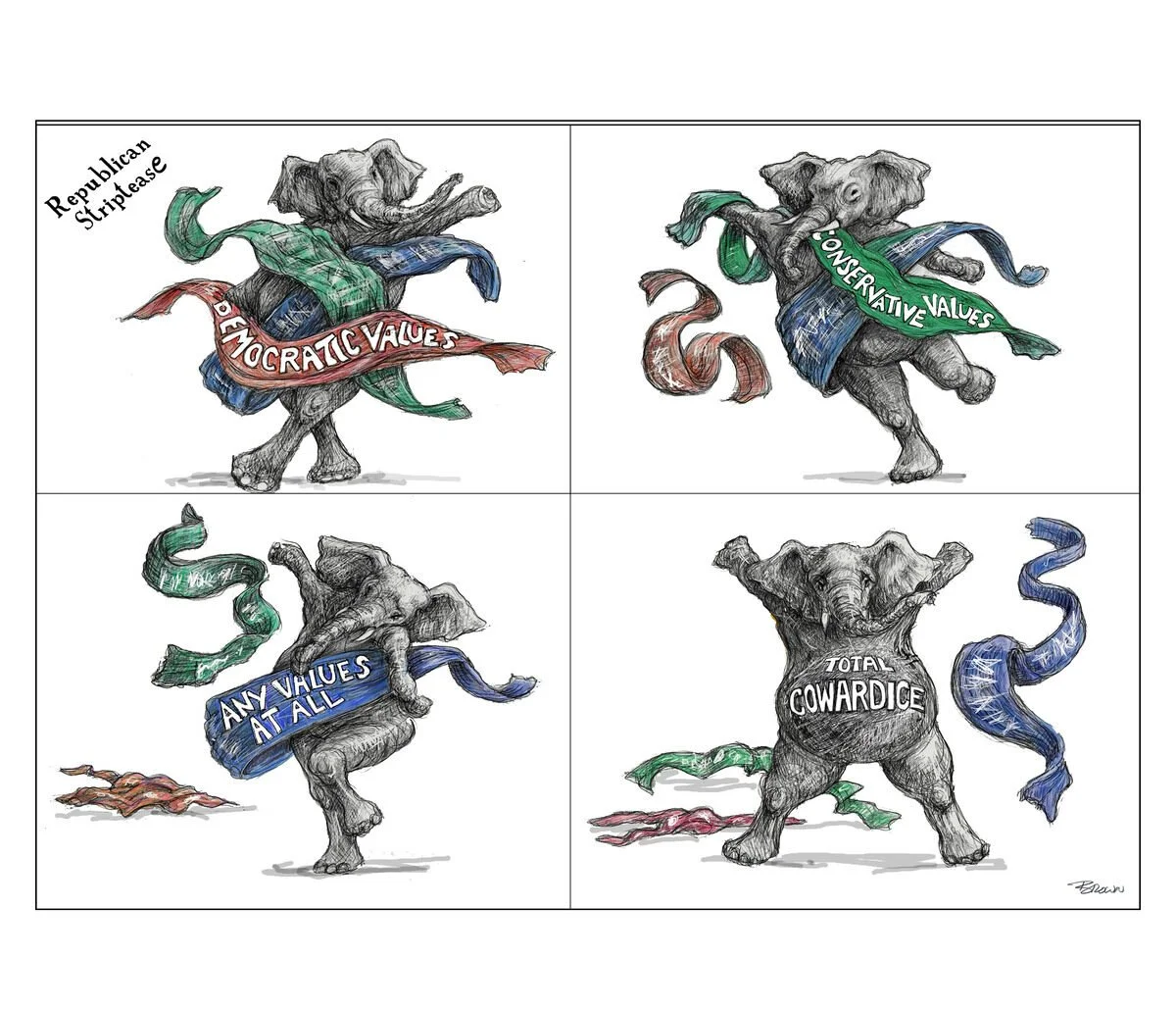 A cartoon illustration of four elephants, each representing different political values. The first elephant has a ribbon labeled 'Democratic Values' and is labeled 'Republican Striptsee'. The second elephant has a ribbon labeled 'Liberal Values'. The 