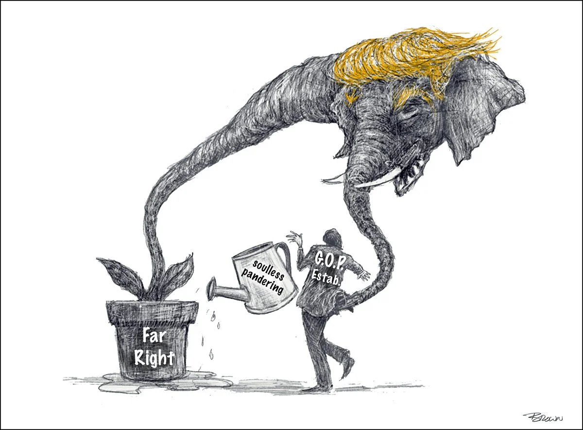 A political cartoon depicting a large elephant with yellow hair, representing the Republican Party, handing a watering can labeled "soulless pandering" to a small figure labeled "G.O.P. Estab." who is watering a potted plant labeled "Far Right." The 