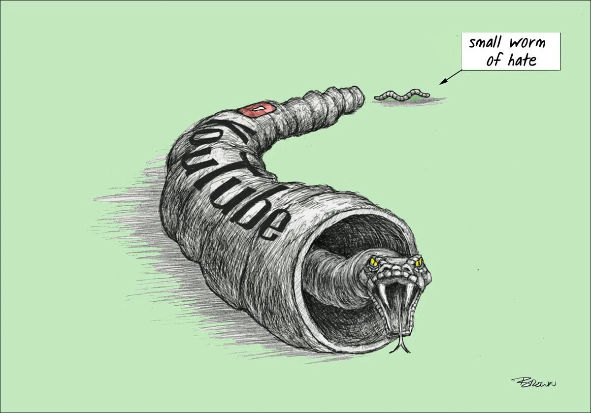 A cartoon illustration of a worm with the word 'Corporation' written on it, emerging from a can labeled 'BLOATED'. The worm has a snake-like appearance with a snarling face and yellow eyes, and is facing a small worm labeled 'small worm of hate' in t