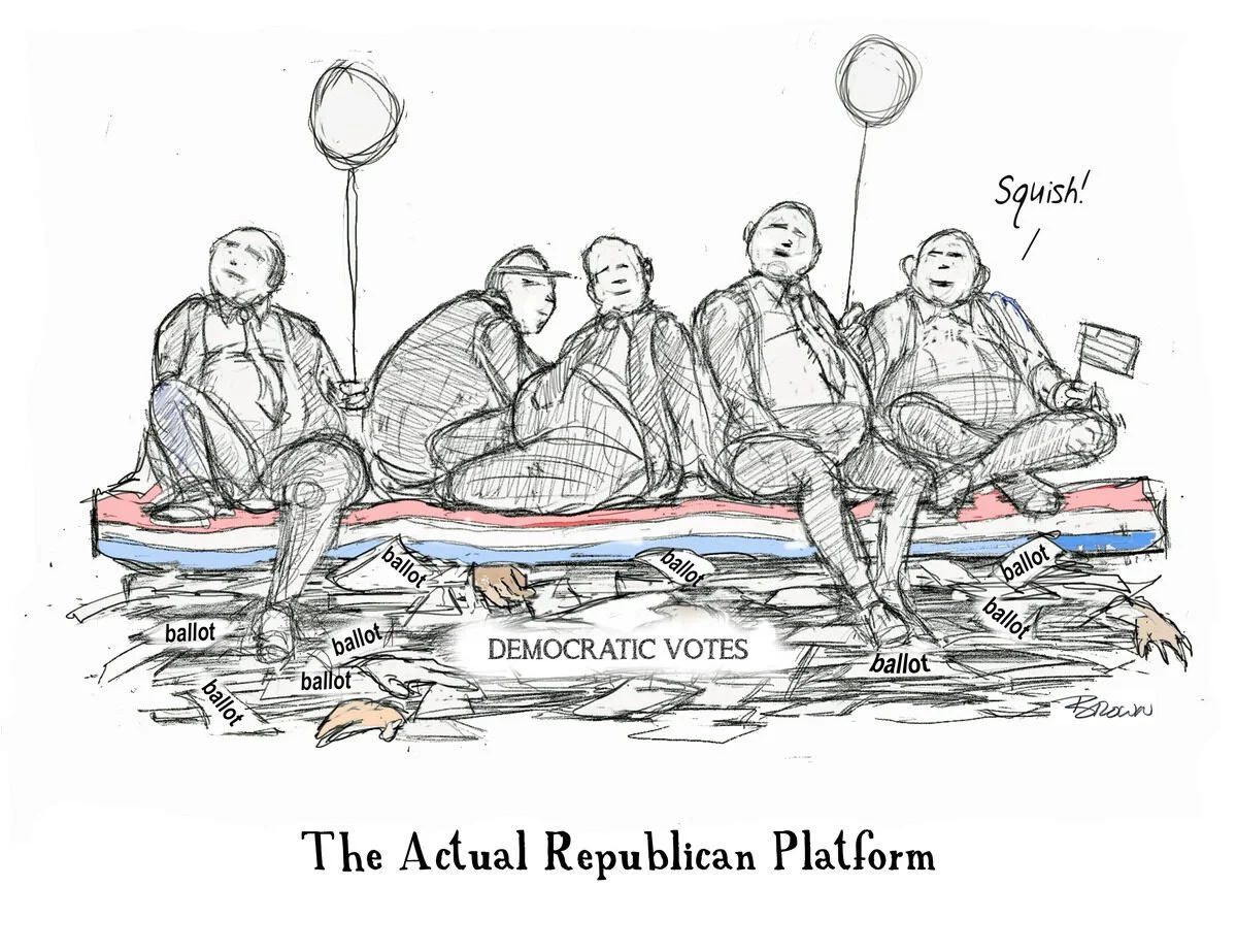 A political cartoon depicting five people sitting on a raft labeled 'The Actual Republican Platform', with ballot papers labeled 'ballot' falling into the water and a sign reading 'DEMCRATIC VOTES'. The scene comments on the Republican Party's instab