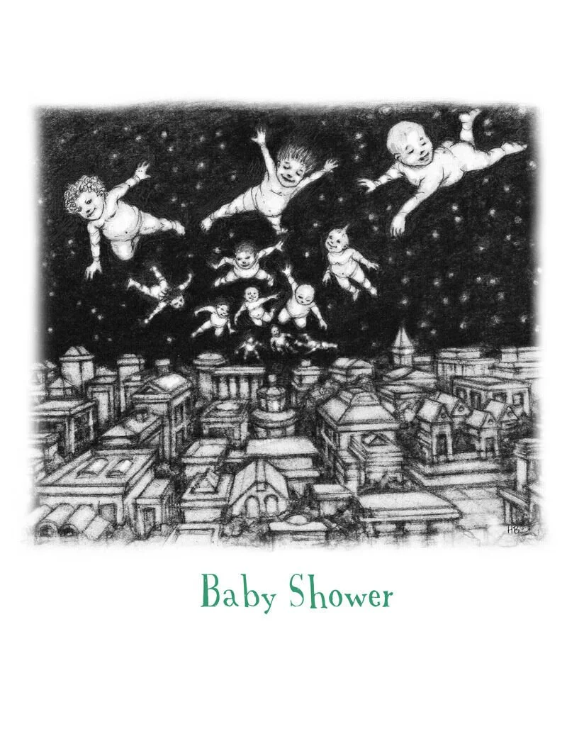 Illustration of babies flying over a cityscape at night with the words 'Baby Shower' written below.