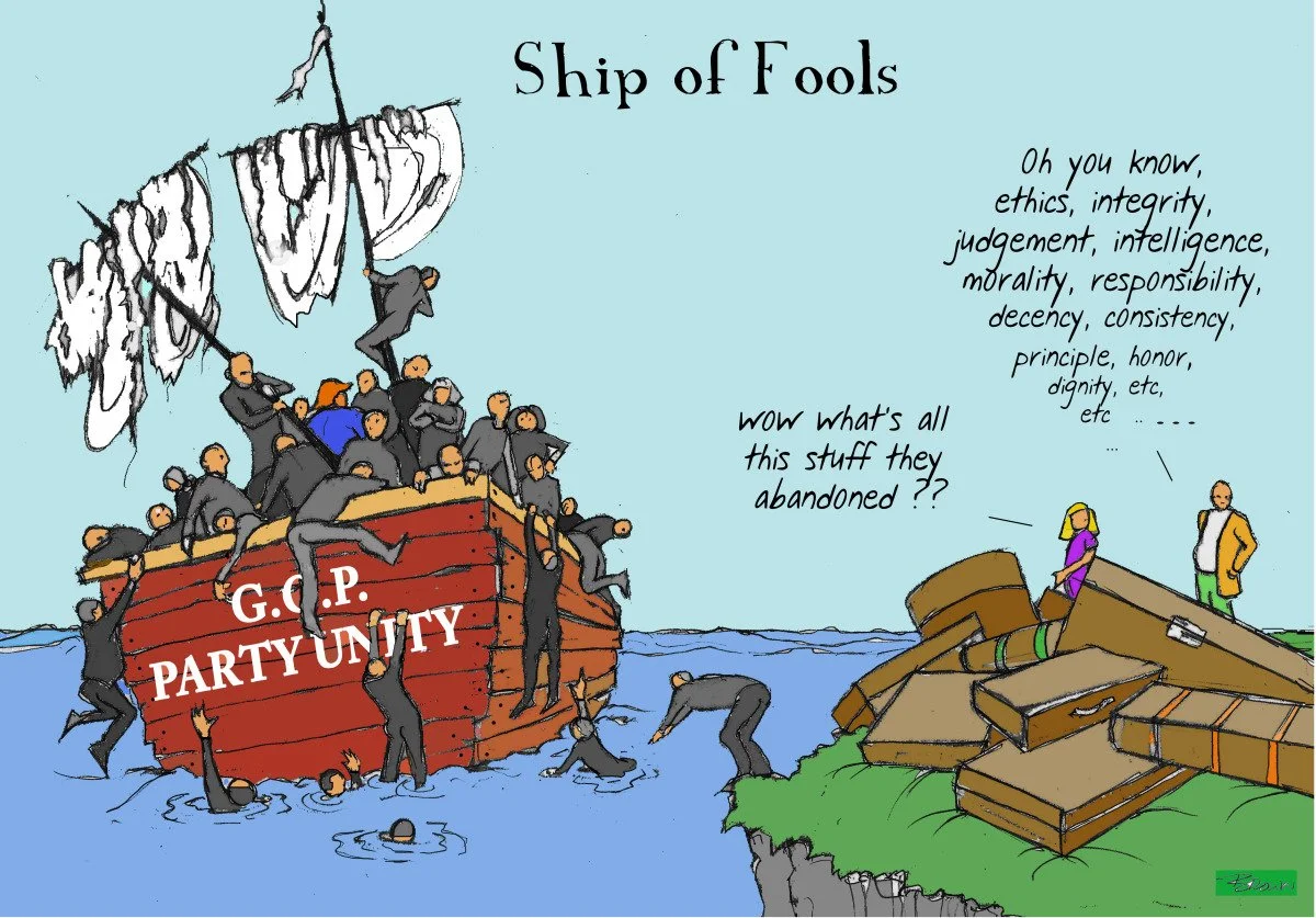 A cartoon showing a ship labeled 'G.C.P. PARTY UNITY' sinking with people clinging to the sides and in the water, while others are on the shore with broken furniture. The ship is seen as a symbol of political disunity, and the scene is humorous and s