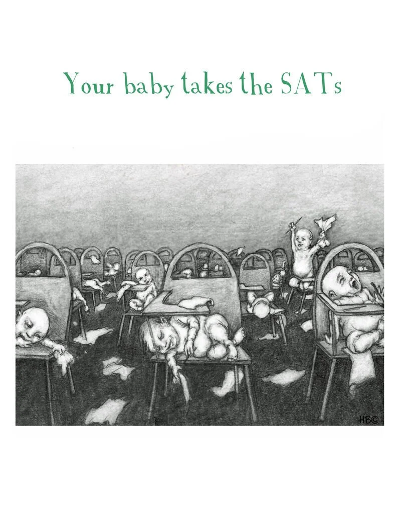 A humorous black-and-white drawing of babies taking the SAT exam, sitting at desks with focused or playful expressions.