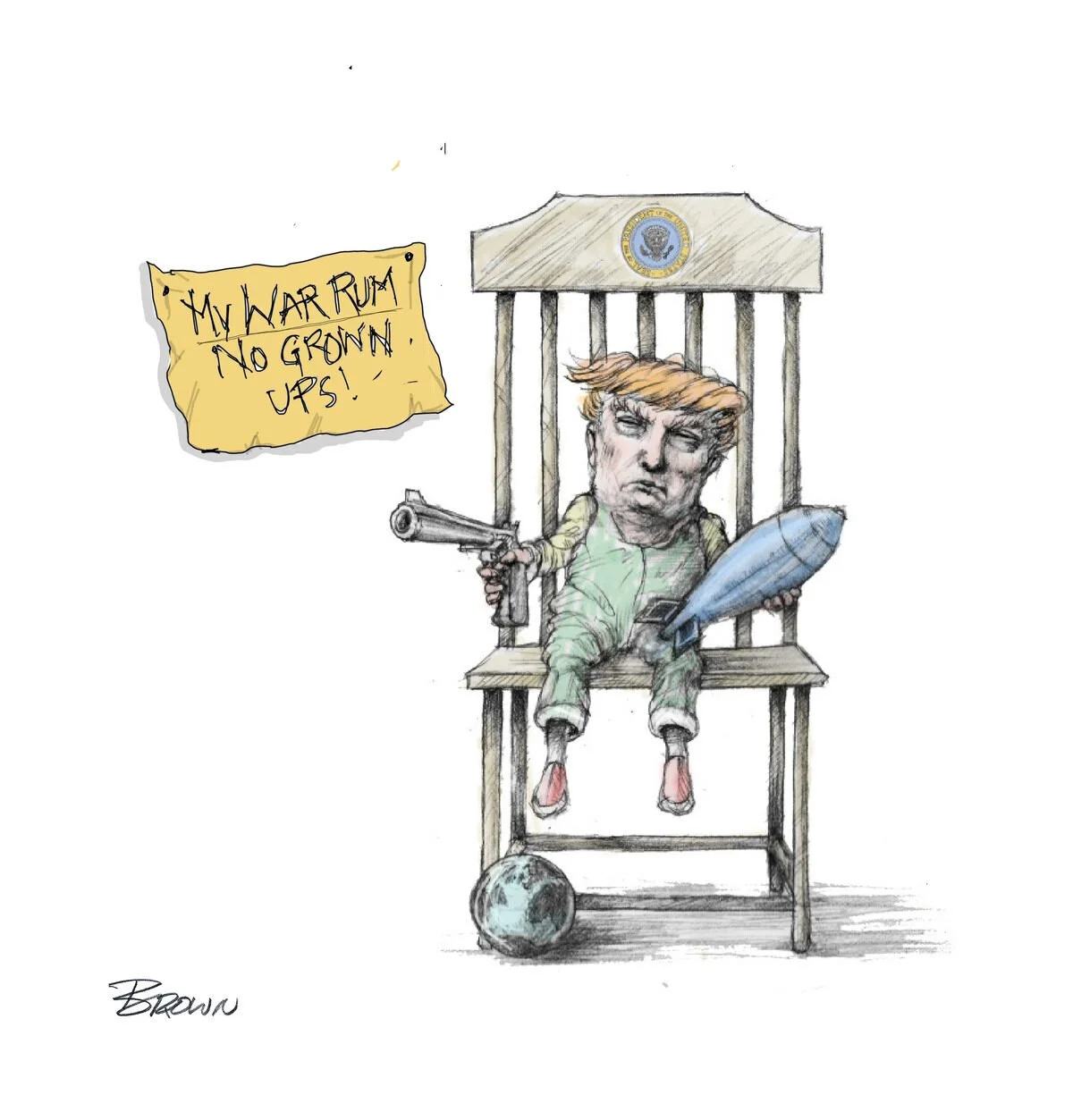 A cartoon illustration of a child with the face of Donald Trump sitting on a large wooden chair resembling a jail cell, holding a gun and a missile. There is a gray ball on the floor next to the chair. A yellow note on the wall reads, 'My war room no