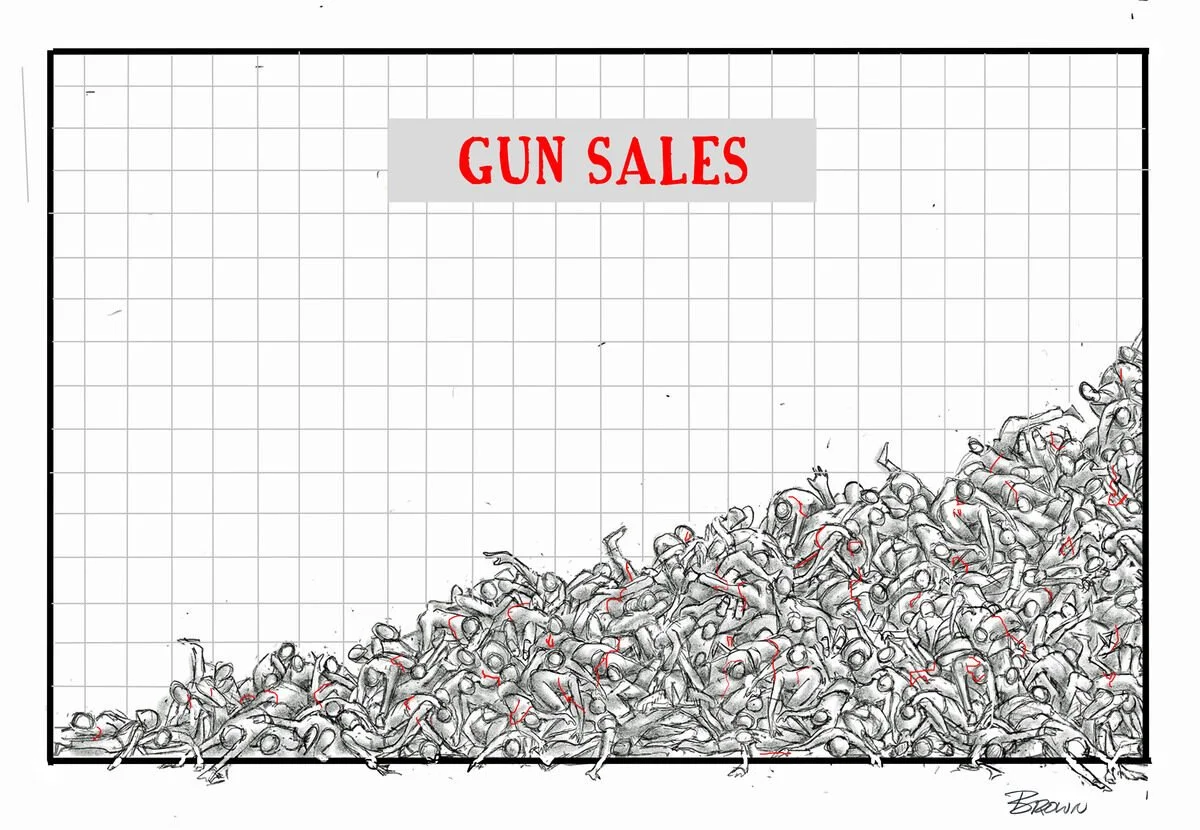 A graph labeled 'GUN SALES' with a large pile of guns at the bottom, showing a rising trend.