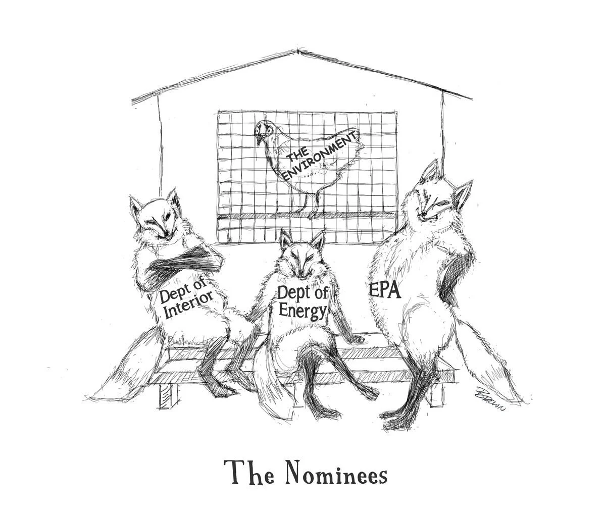 Sketch of three foxes representing government agencies, with a chicken labeled 'The Environment' in a cage behind them. The fox on the left is labeled 'Dept of Interior,' the middle fox is labeled 'Dept of Energy,' and the right fox is labeled 'EPA.'