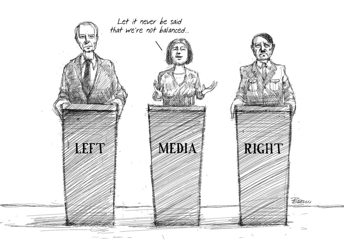 A sketch of three people standing behind podiums labeled 'LEFT,' 'MEDIA,' and 'RIGHT.' The person behind the 'MEDIA' podium is speaking and says, 'Let it never be said that we're not balanced...'