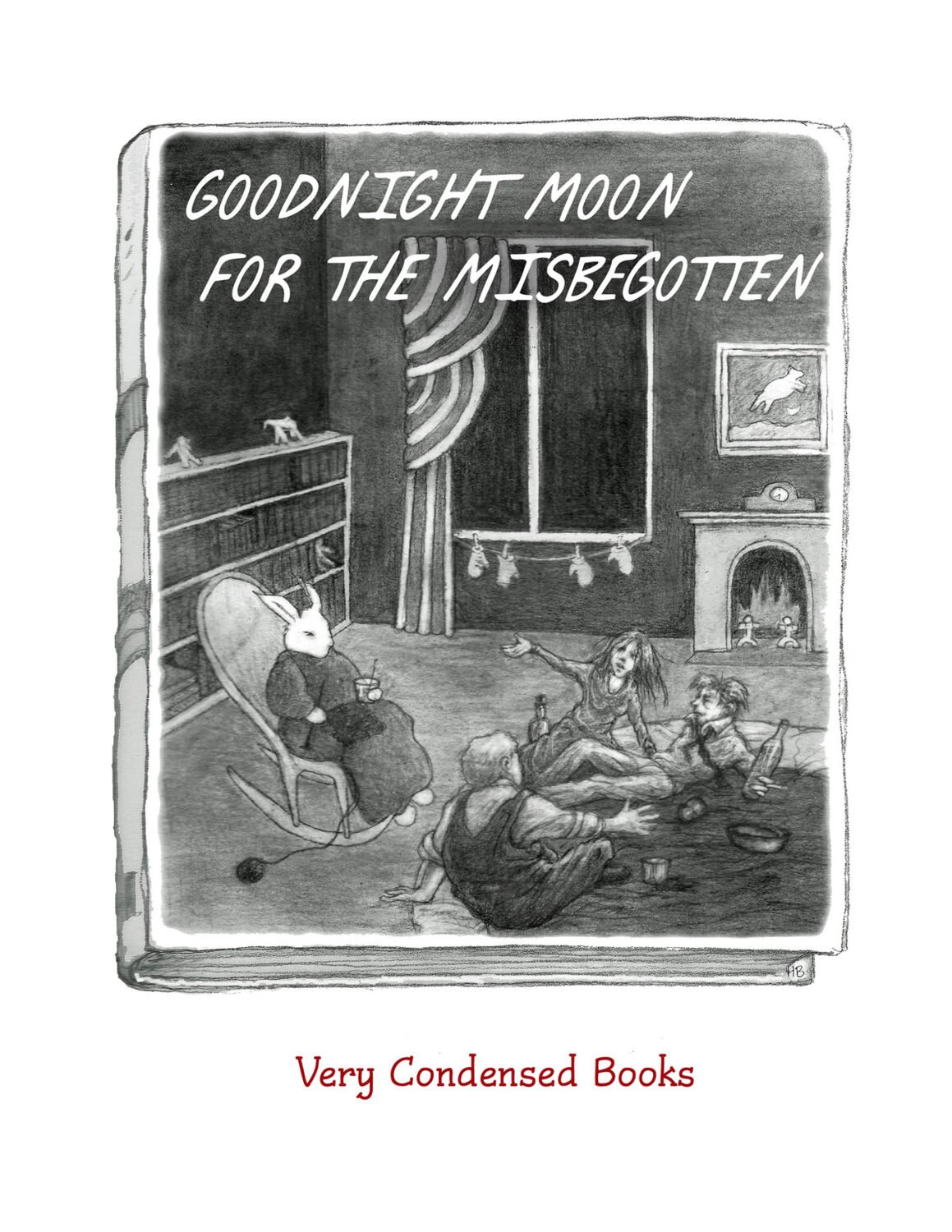 A cozy room with four animals and two children sitting on the floor, a rabbit sitting on a chair, and a sign that reads 'Goodnight Moon for the Misbegotten' at the top. There is a fireplace, a window with curtains, and a framed picture of a rabbit on