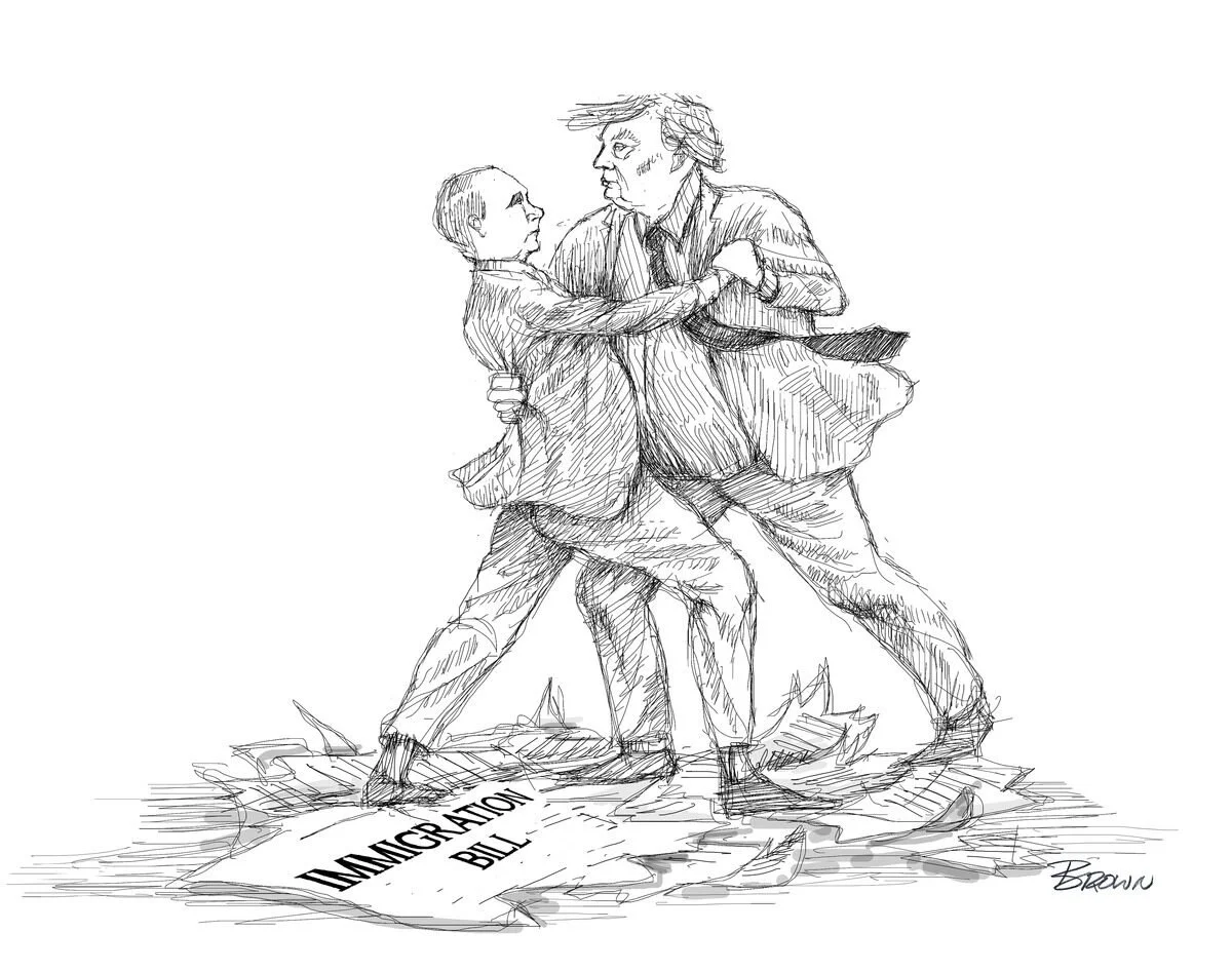 A political cartoon depicting two men fighting over an immigration bill on the ground.